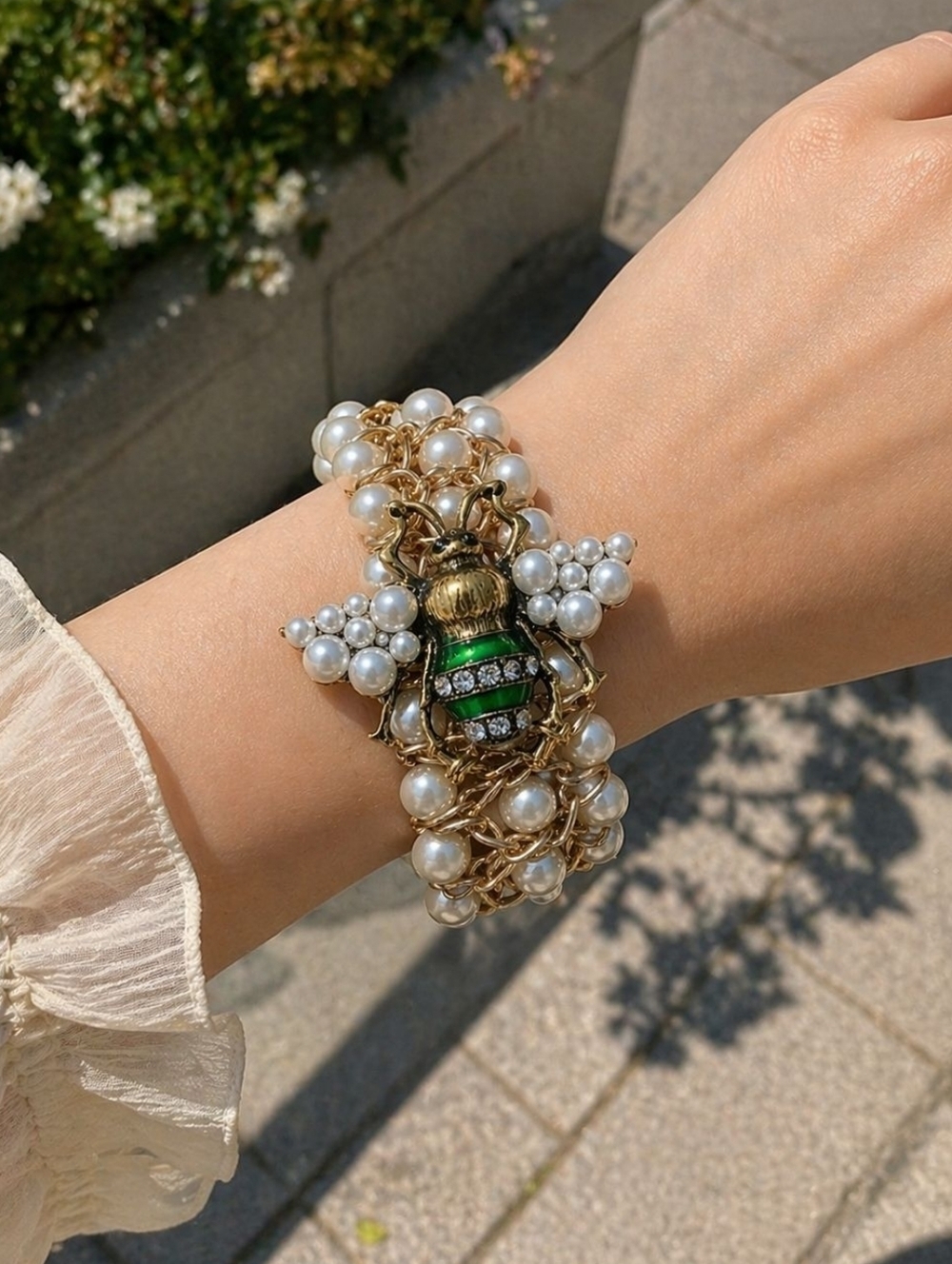 Gold Pearl Bracelet with Green Bee Charm